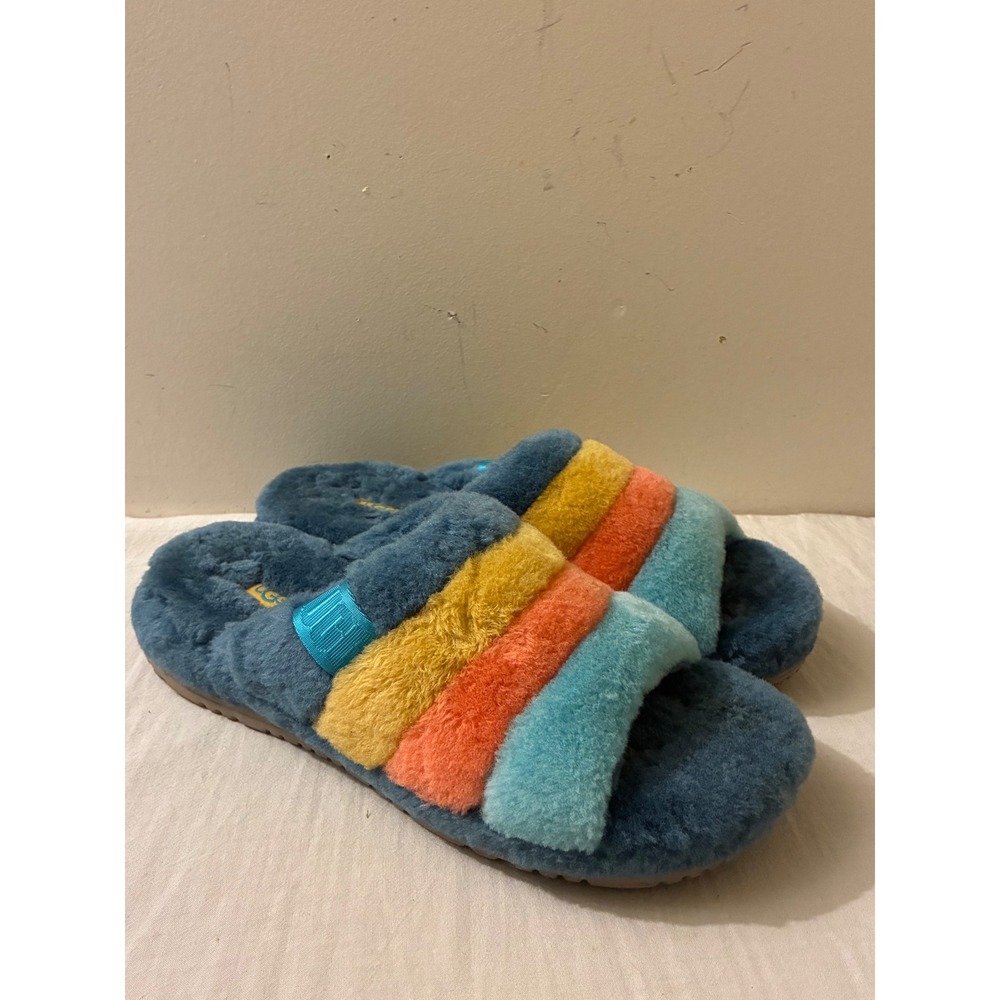UGG Fluff You Stripes Marina Blue Slippers Slides Mens Size 11 Faux Fur 123772